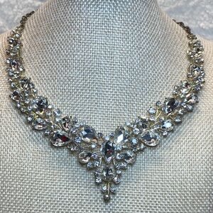 Vintage Rhinestone Bib Necklace Silver Tone 16-18” Multiple Shapes & Size stones